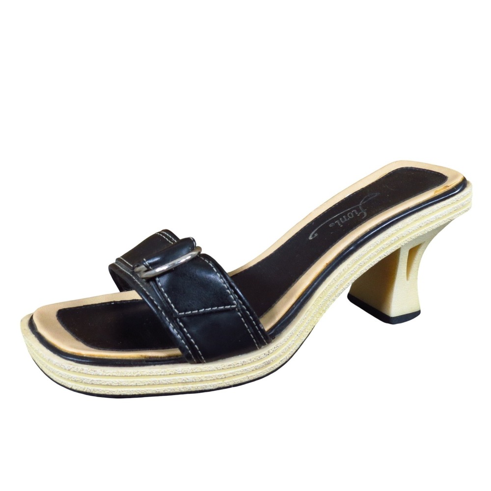 Fioni Women Slide Sandal Mule‎ 6.5 Retro Dress Black Cream Square Toe Buckle